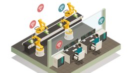 Smart industry intelligent manufacturing fully automated welding line with remote controlled robotic hand isometric composition vector illustration