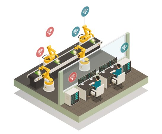 Smart industry intelligent manufacturing fully automated welding line with remote controlled robotic hand isometric composition vector illustration