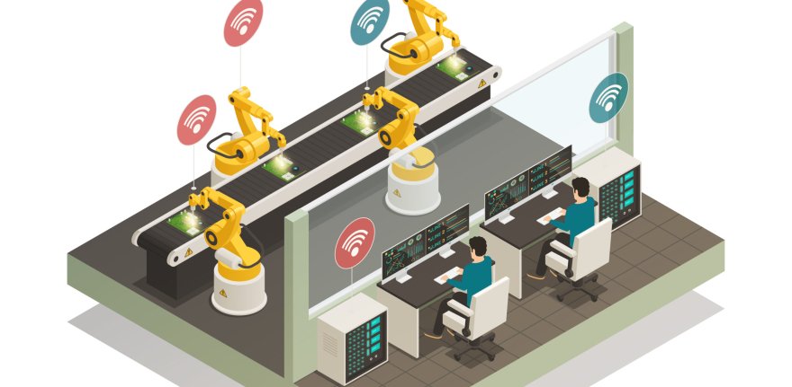 Smart industry intelligent manufacturing fully automated welding line with remote controlled robotic hand isometric composition vector illustration